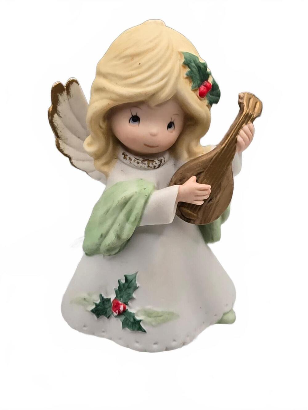 Vintage Homco Christmas Holiday Angel Figurine with Lute, 1980s Home interiors